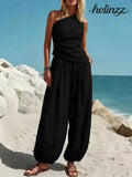 Full Size One-Shoulder Top and Wide Leg Pants Set - Black / S