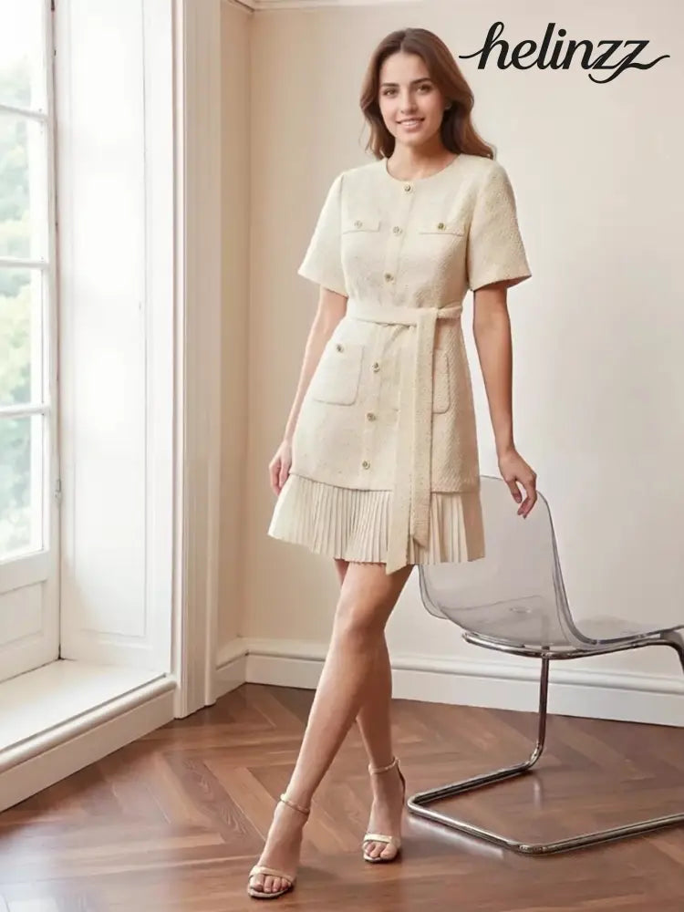 Pleated Hem Round Neck Dress