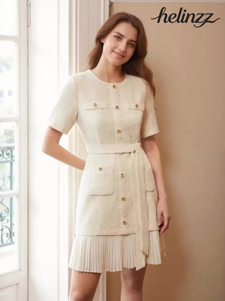 Pleated Hem Round Neck Dress - Ivory / S