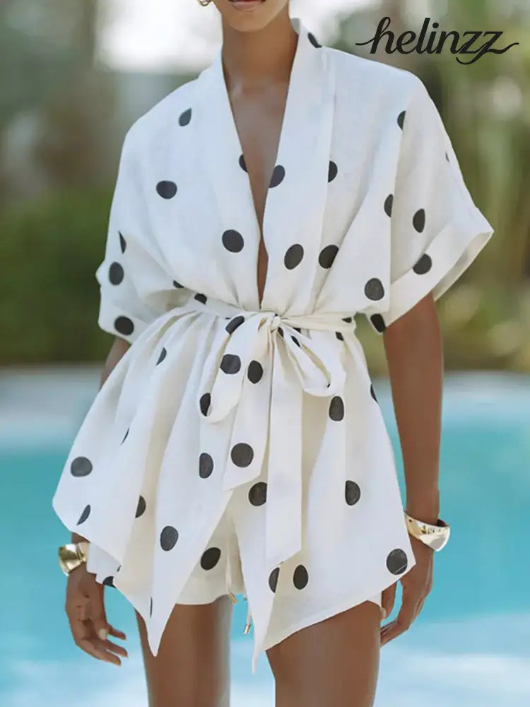 Polka Dot Tie Waist Top and Shorts Set - White / S