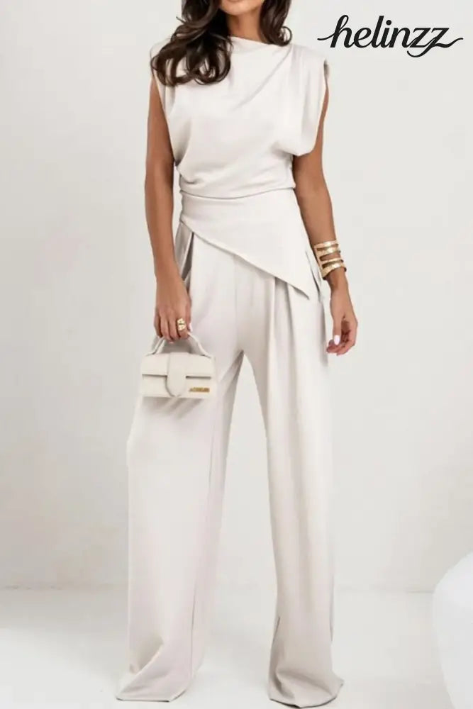 Round Neck Top and Pants Set - White / S
