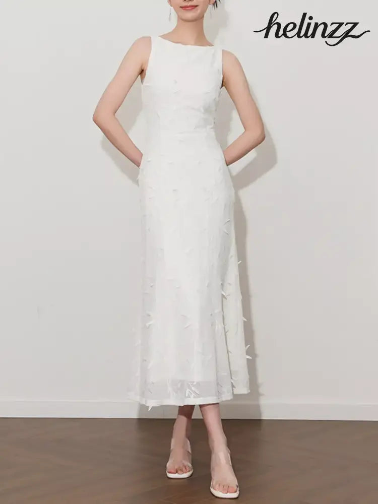 Sleeveless Floral Applique Midi Dress - Off-white / S