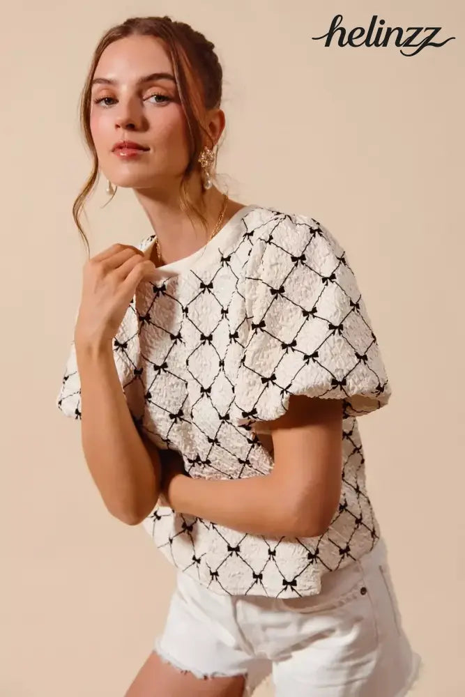 SO ME Bow Texture Woven Bubble Sleeve Top