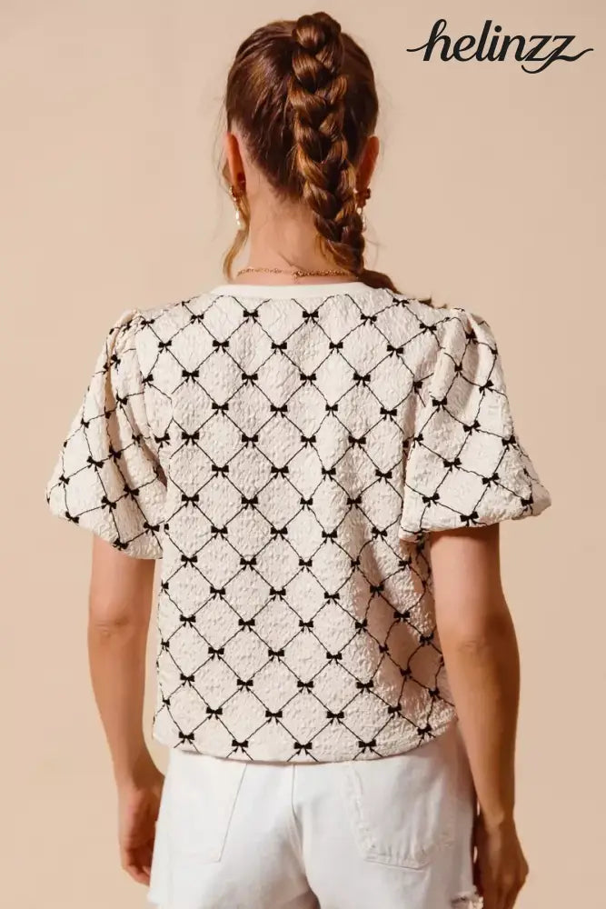 SO ME Bow Texture Woven Bubble Sleeve Top