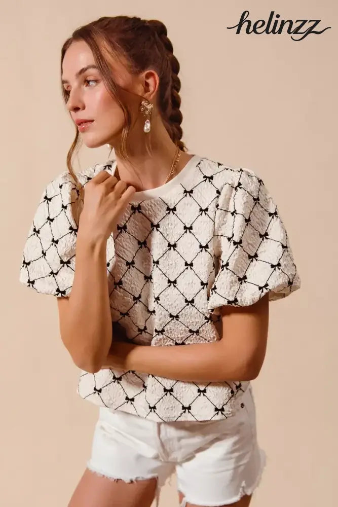 SO ME Bow Texture Woven Bubble Sleeve Top