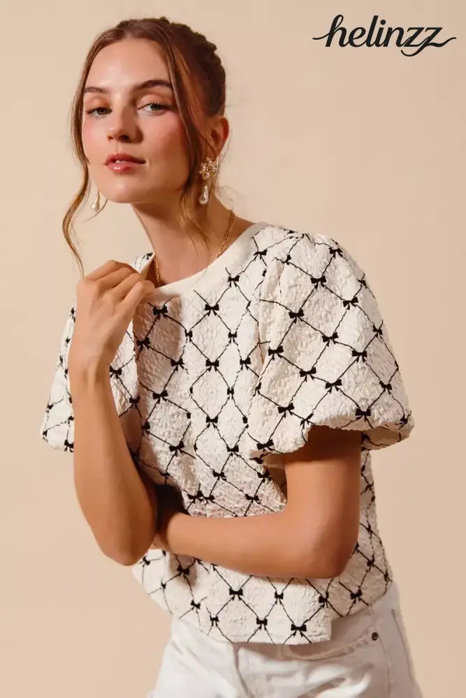 SO ME Bow Texture Woven Bubble Sleeve Top