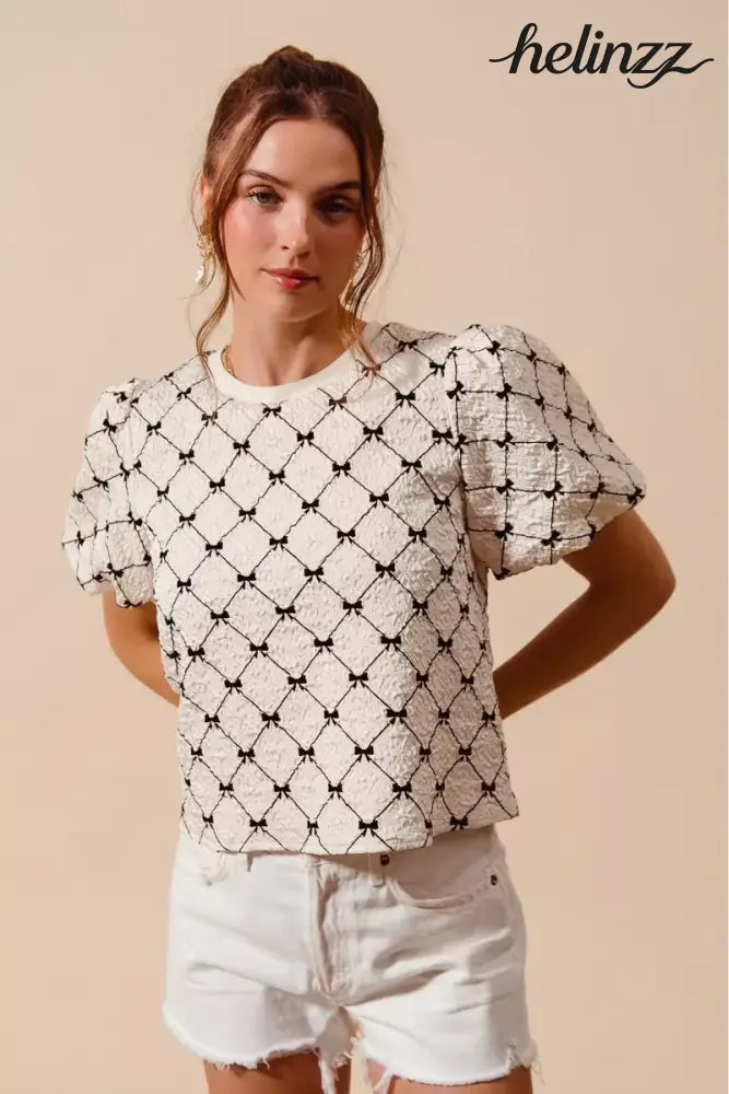 SO ME Bow Texture Woven Bubble Sleeve Top