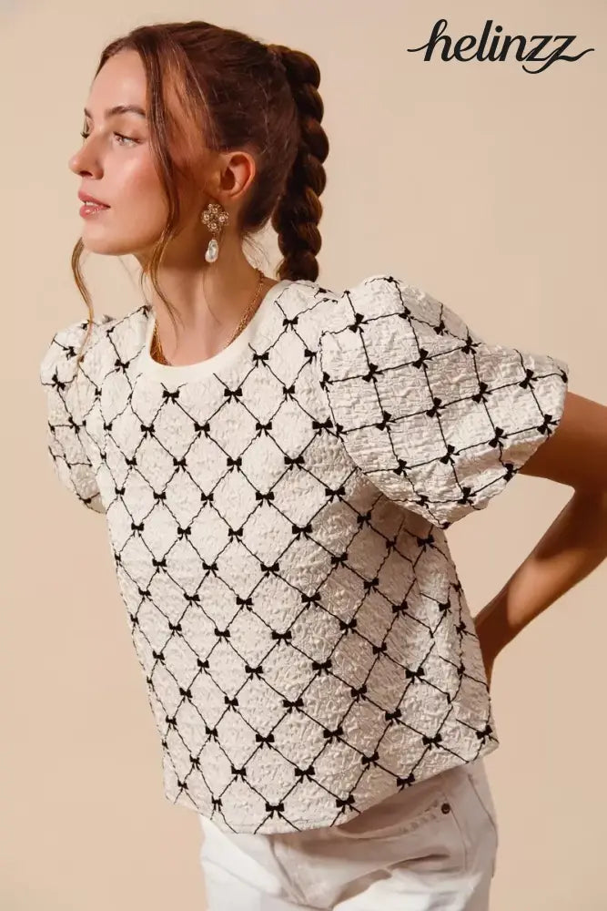 SO ME Bow Texture Woven Bubble Sleeve Top