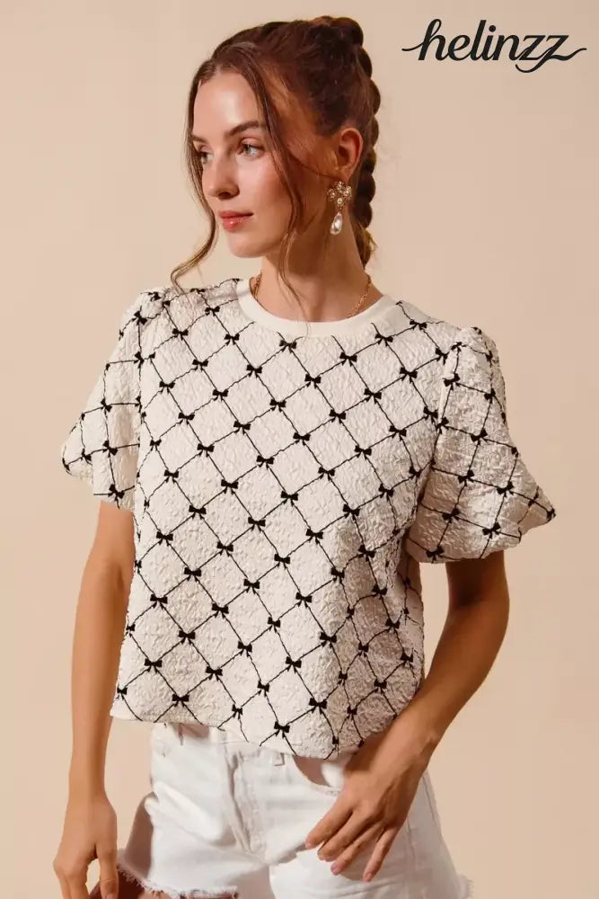 SO ME Bow Texture Woven Bubble Sleeve Top