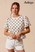 SO ME Bow Texture Woven Bubble Sleeve Top - IVORY / S