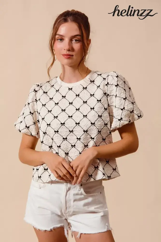 SO ME Bow Texture Woven Bubble Sleeve Top - IVORY / S