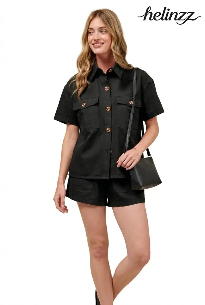 SO ME Button Down Denim Game Day Top and Shorts Set - Black
