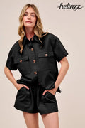 SO ME Button Down Denim Game Day Top and Shorts Set - Black - BLACK / S