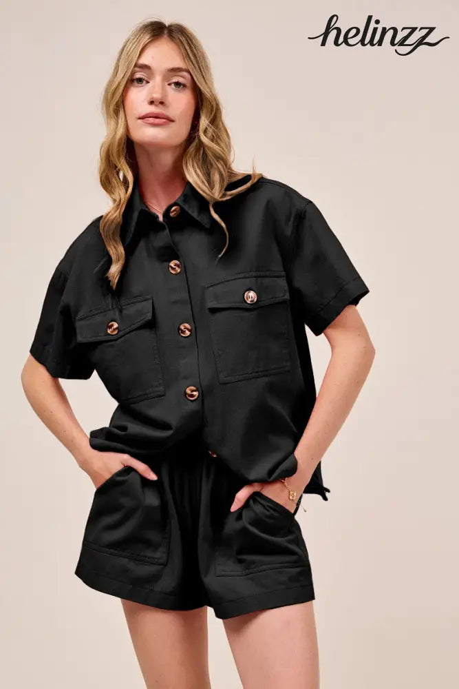 SO ME Button Down Denim Game Day Top and Shorts Set - Black - BLACK / S