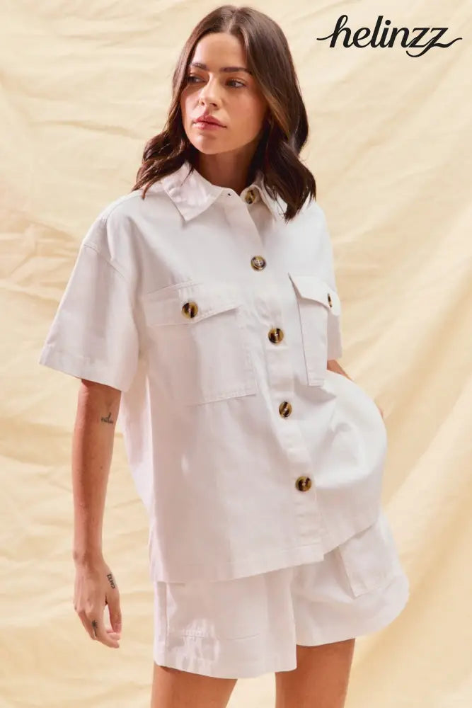 SO ME Button Down Denim Game Day Top and Shorts Set - White