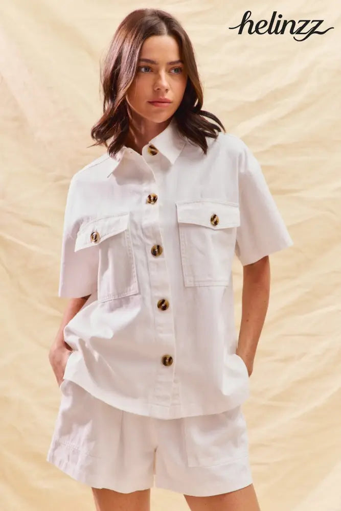 SO ME Button Down Denim Game Day Top and Shorts Set - White - OFF WHITE / S