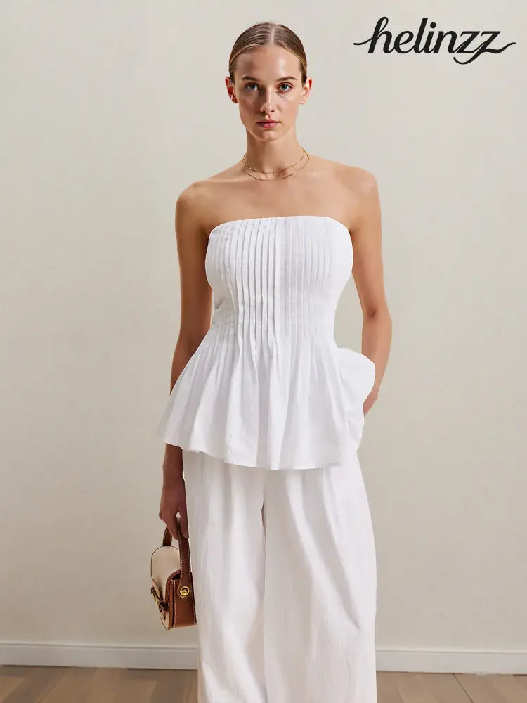 Strapless Peplum Top and Wide Leg Pants Set