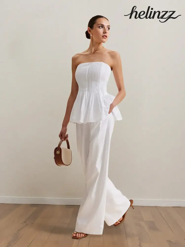 Strapless Peplum Top and Wide Leg Pants Set - White / S