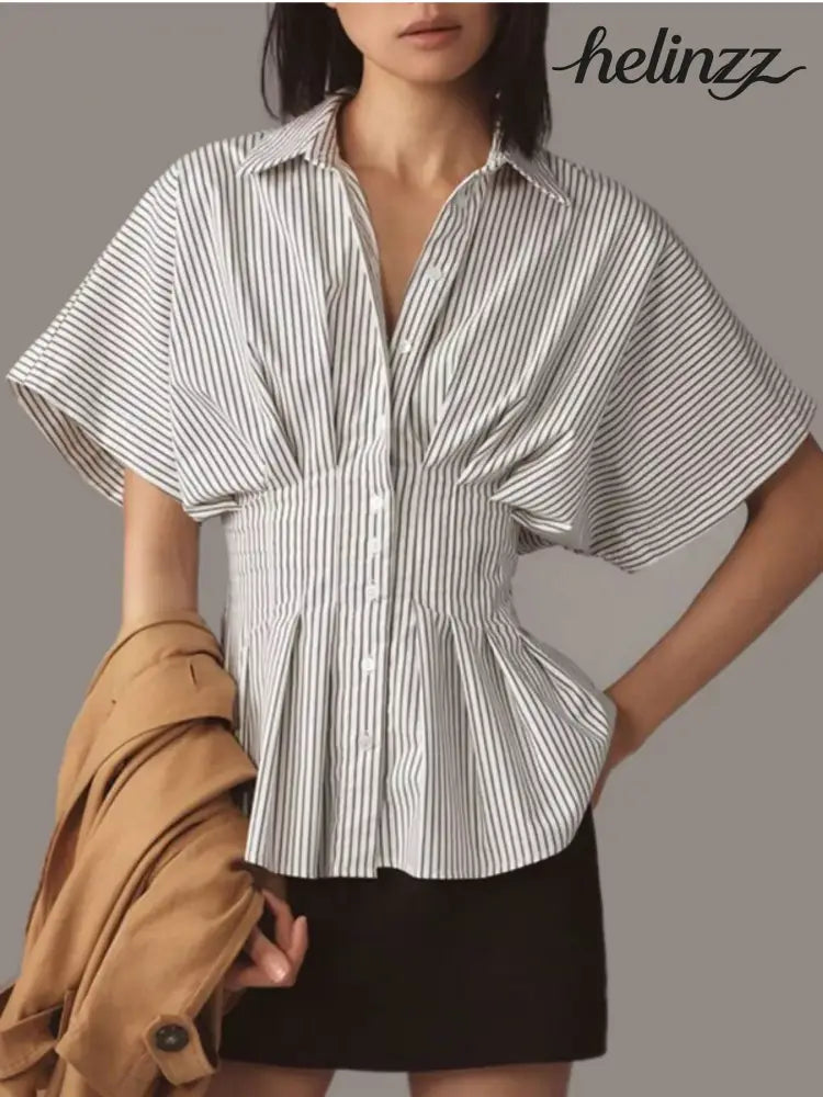 Striped Cinched Waist Shirt - Black / S