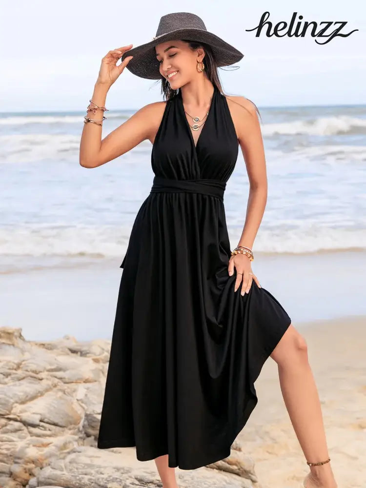 Surplice Sleeveless Ruched Midi Dress - Black / S