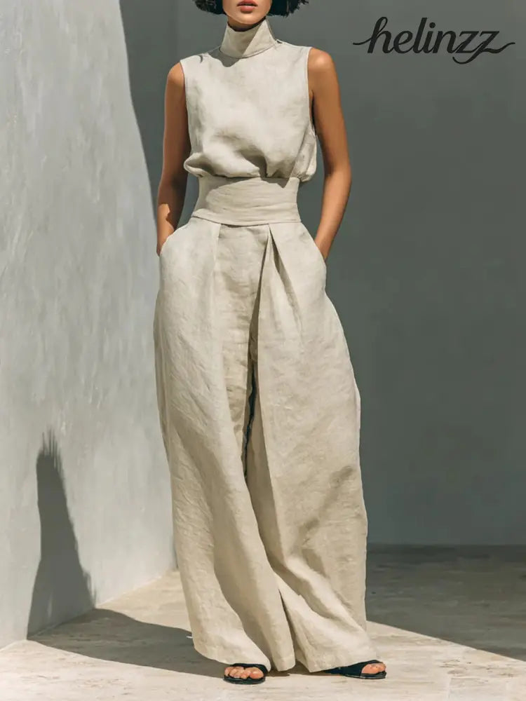 Turtleneck Sleeveless Top and Pants Set - Ivory / S